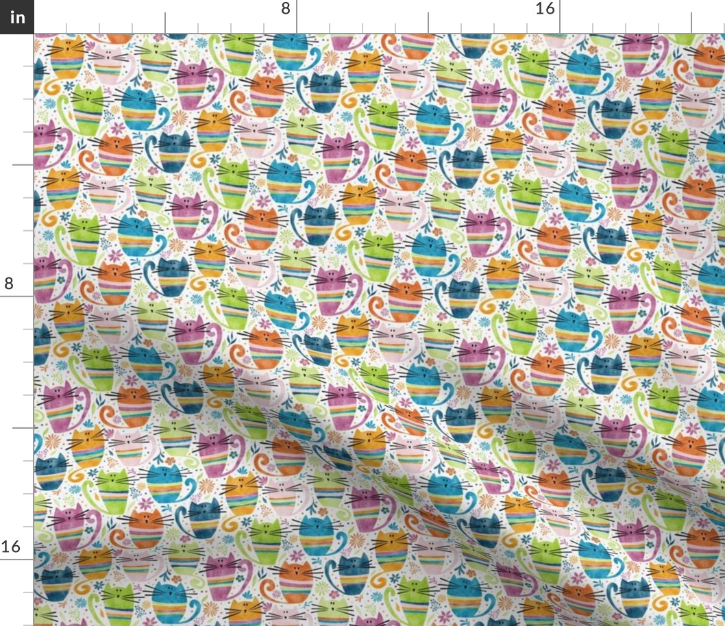 cat - percy cat micro - funny watercolor cats and flowers - cute colorful cat fabric and wallpaper