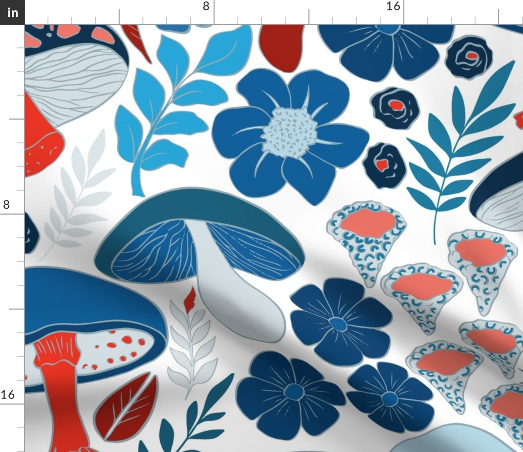 (big) Mushrooms and florals blue red and white 