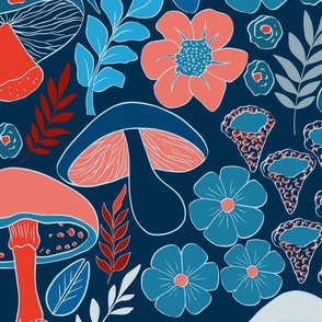 (big) Mushrooms and flowers blue red and white on dark navy blue
