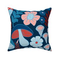 (big) Mushrooms and flowers blue red and white on dark navy blue