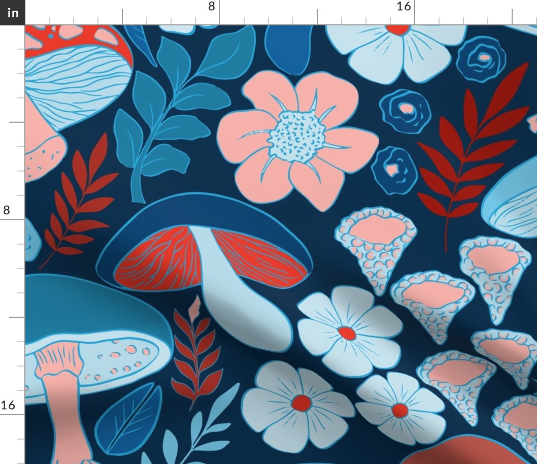 (big) Mushrooms and flowers blue red and white on dark navy blue