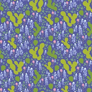 Bluebonnets and Prickly Pear Cacti - Cobalt Blue Background 