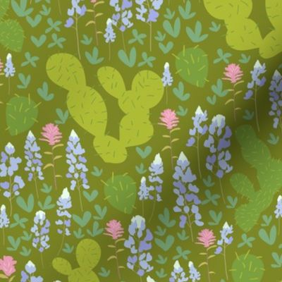 Bluebonnets and Prickly Pear - Hunter Green Background 