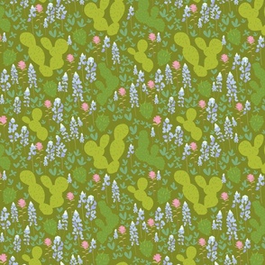 Bluebonnets and Prickly Pear - Hunter Green Background 