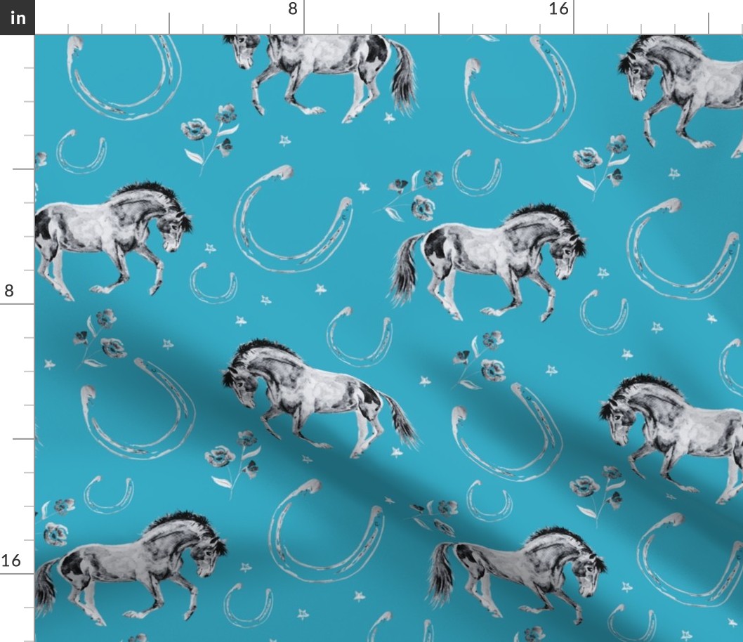 WIld Mustang Ponies and Lucky horse shoes teal