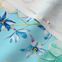 handpainted watercolor flowers and birds on light blue