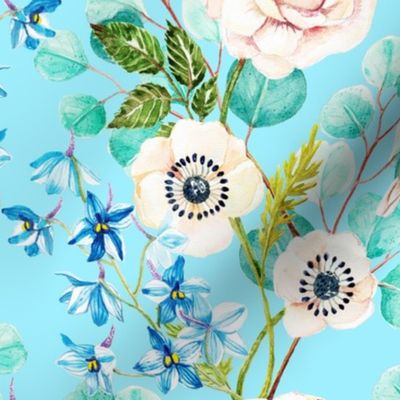 handpainted watercolor flowers and birds on light blue