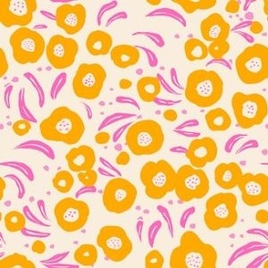 very small, graphic abstract flower toss-peach pink yellow