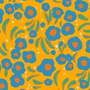 small, graphic abstract flower toss -orange, blue