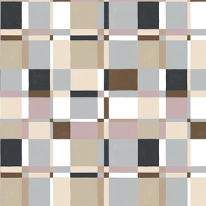 Modernist Painted Plaid 24x24 deep neutrals - dark grey, sepia brown, khaki, burnished lilac