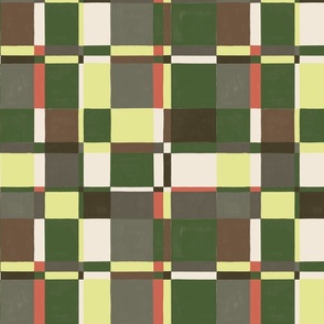 Modernist Painted Plaid_24x24_deep greens, light green, browns and ginger