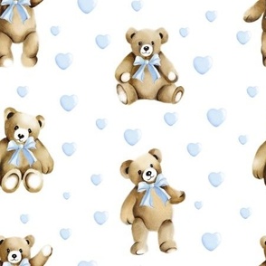 Teddy Bears Baby Blue Bows and Heart on White Baby and Kids