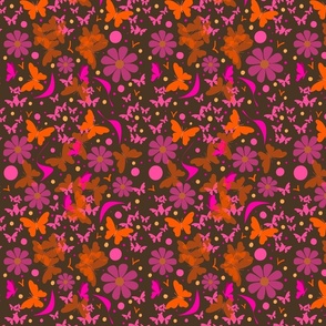 A kaleidoscope of bright butterflies and floral on brown