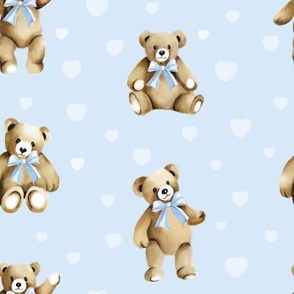 Teddy Bears with Blue Bows White Hearts on Blue 