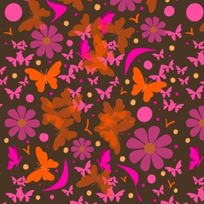 A kaleidoscope of bright butterflies and floral on brown - large