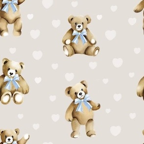 Teddies with Blue Bows White Hearts on Taupe Greige Baby Boy