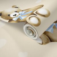 Teddy Bears Blue Bows on Beige Cream for Baby Boy Nursery