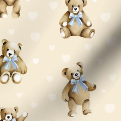 Teddy Bears Blue Bows on Beige Cream for Baby Boy Nursery