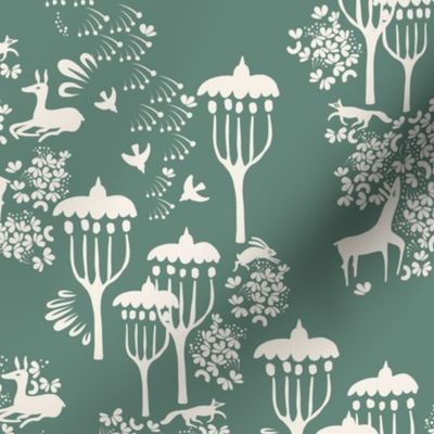 Forest Dwelling Modern Toile, Jadeite 12in x 12in repeat scale