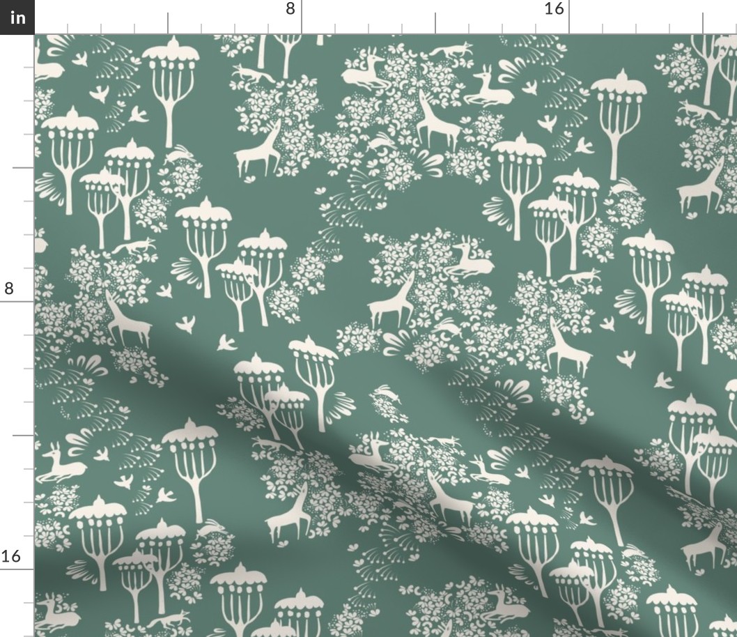 Forest Dwelling Modern Toile, Jadeite 12in x 12in repeat scale