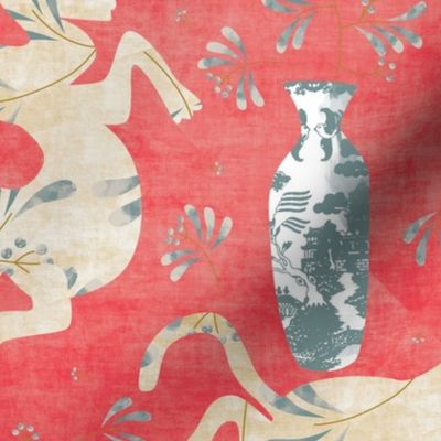 Chinoiserie tiger on red texture