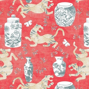 Chinoiserie tiger on red texture