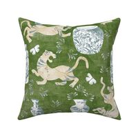 Chinoiserie tiger on green texture