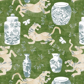 Chinoiserie tiger on green texture