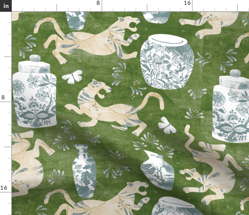 Chinoiserie tiger on green texture