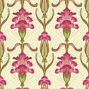 Bright Pink Carnation Flower and Bud, Large Scale, Neutral Cream Off-white Background, Lime Green Foliage, dot details, Art Nouveau, Arts and Crafts, Traditional Floral Wallpaper, Upholstery