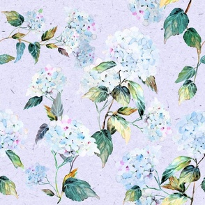 Large White Violet Flowers / Hydrangea / Watercolor / Green / Blue