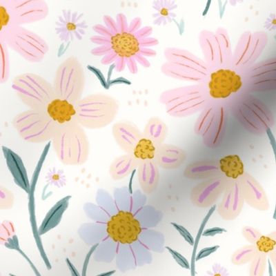 Floral baby girl nursery painterly flower pattern in pink, baby blue, peach, mustard yellow, large scale