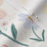 Floral baby girl nursery painterly flower pattern in pink, baby blue, peach, mustard yellow, large scale