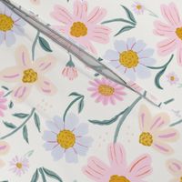 Floral baby girl nursery painterly flower pattern in pink, baby blue, peach, mustard yellow, large scale