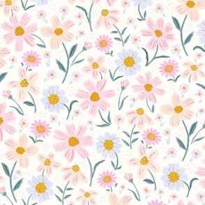 Floral baby girl nursery painterly flower pattern in pink, baby blue, peach, mustard yellow, large scale