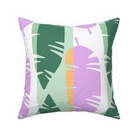 Mod Retro Tropical Leaves Beach Pattern in Bright Vibrant Purple and Green Stripe