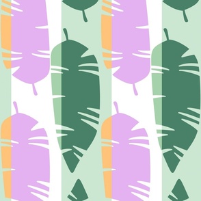 Mod Retro Tropical Leaves Beach Pattern in Bright Vibrant Purple and Green Stripe