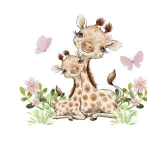 Floral Safari Animals Giraffe and Baby Girl Pillow Pink Butterfly 