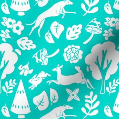 Teal Floral Forest with Hound Small Print