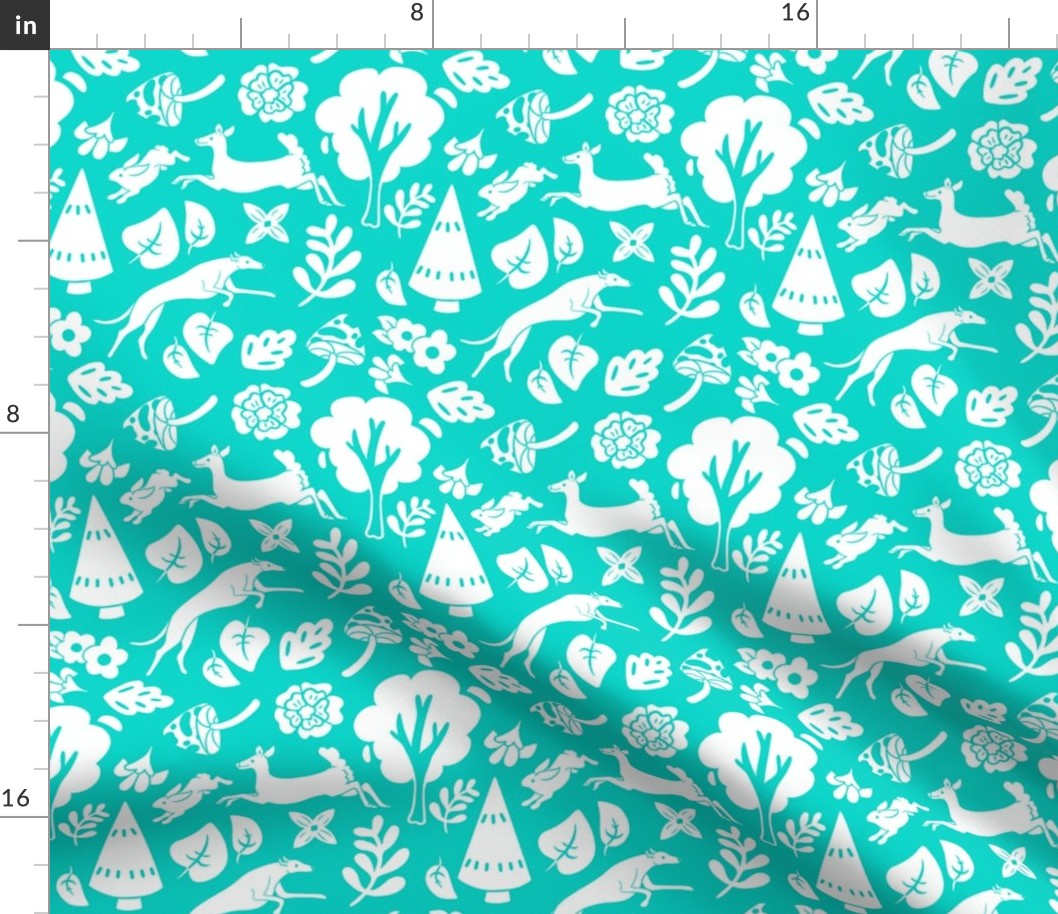 Teal Floral Forest with Hound Small Print