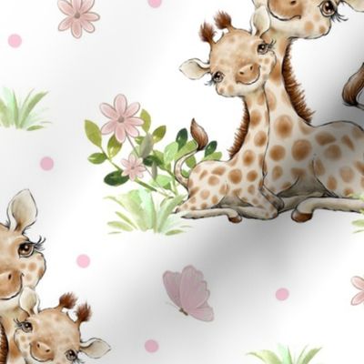Pink Floral Safari Animals Giraffe Baby Girl Nursery Butterfly