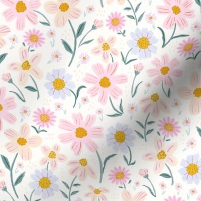 Floral baby girl nursery painterly flower pattern in pink, baby blue, peach, mustard yellow, Medium scale 12x12