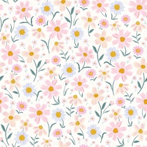 Floral baby girl nursery painterly flower pattern in pink, baby blue, peach, mustard yellow, Medium scale 12x12