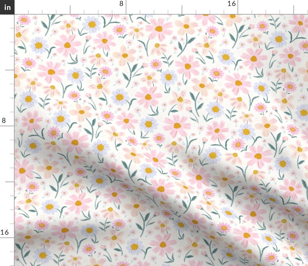 Floral baby girl nursery painterly flower pattern in pink, baby blue, peach, mustard yellow, Medium scale 12x12