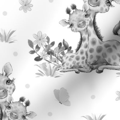 Gray Floral Safari Animals Giraffe Baby Girl Nursery Butterfly