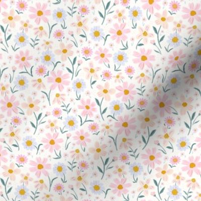Floral baby girl nursery painterly flower pattern in pink, baby blue, peach, mustard yellow, Small scale 6x6inch