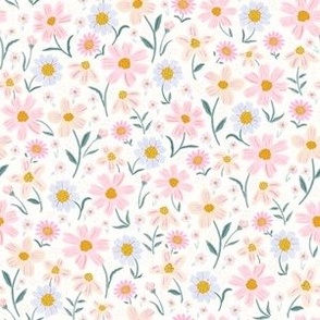 Floral baby girl nursery painterly flower pattern in pink, baby blue, peach, mustard yellow, Small scale 6x6inch