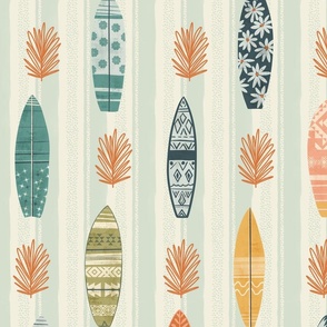 Summer Vacation - Surfboards and leaves over a mint stripes L - cool room decor