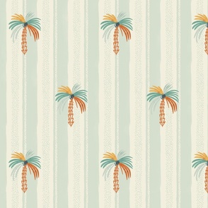 Summer Vacation - large minimalist colorful palm trees over mint stripes - hand drawn palmera - beige - coastal beach decor - summer wallpaper