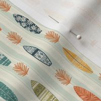 Summer Vacation - Surfboards and leaves over a mint stripes small - hand drawn surf plank - beige - surfer beach decor - diy projects